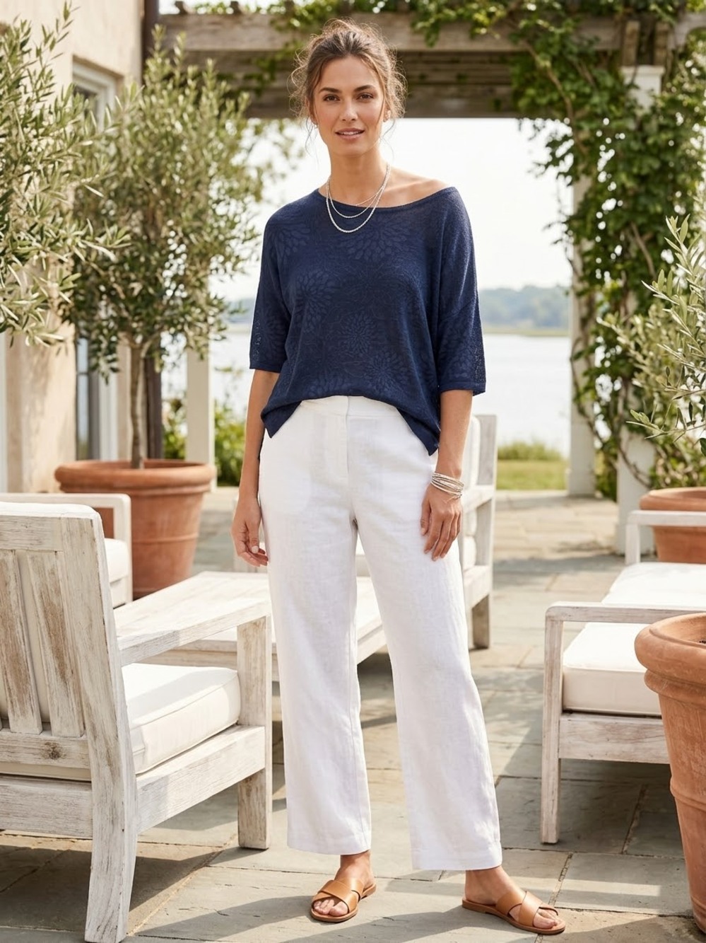 J. Jill Pure Jill Navy Floral Lightweight Knit Top Linen Viscose Blend NWT XS